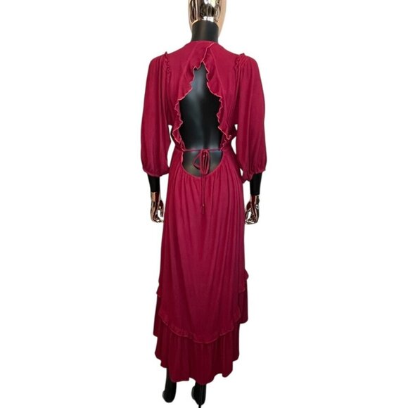 Umgee Burgundy High-Low Ruffle Midi Dress, Long Sleeve, Open Back – L - Picture 3 of 10
